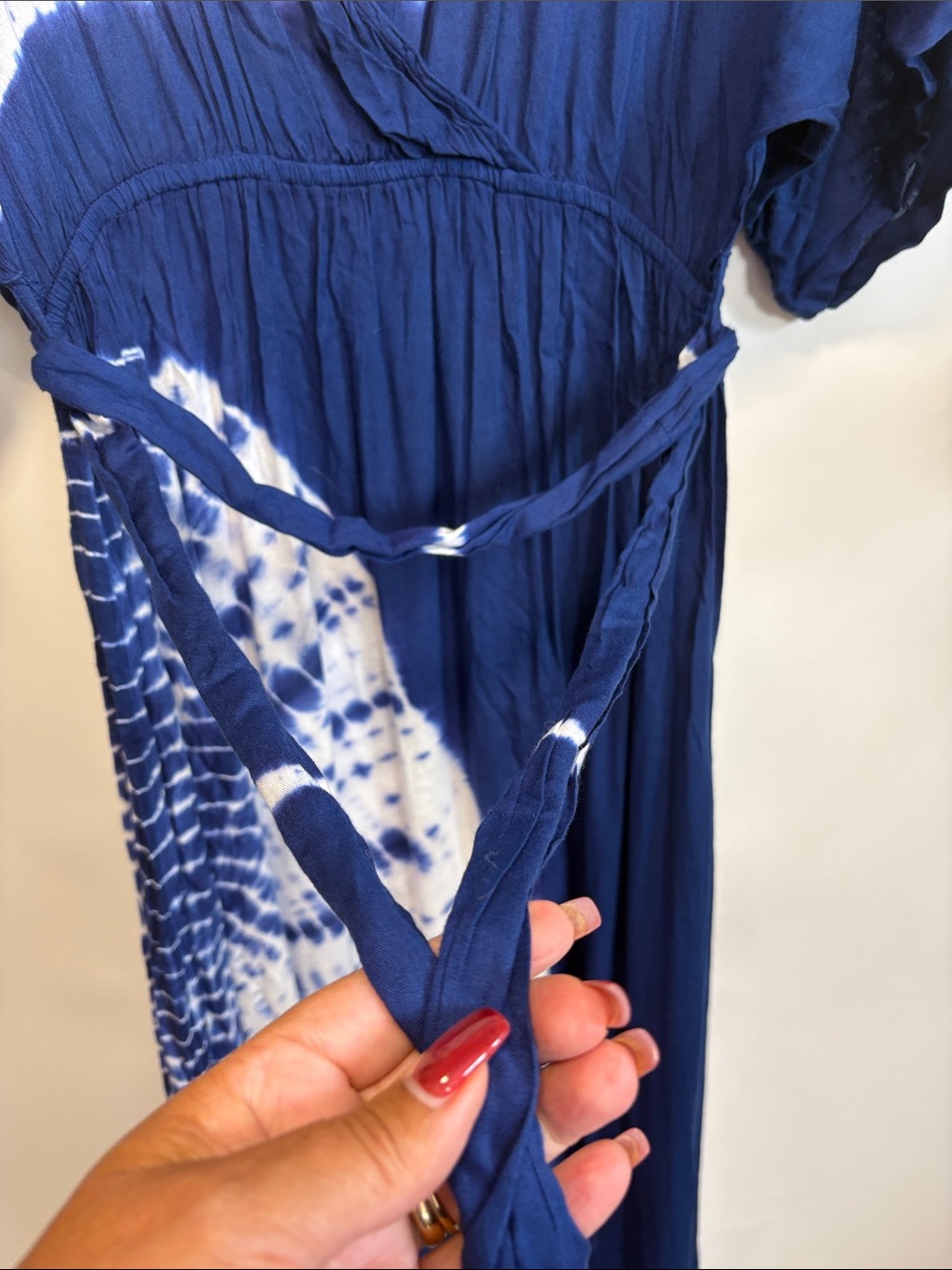 Japna Navy and White Tie-Dye Wrap Maxi Dress with Side Tie - Picture 13 of 15